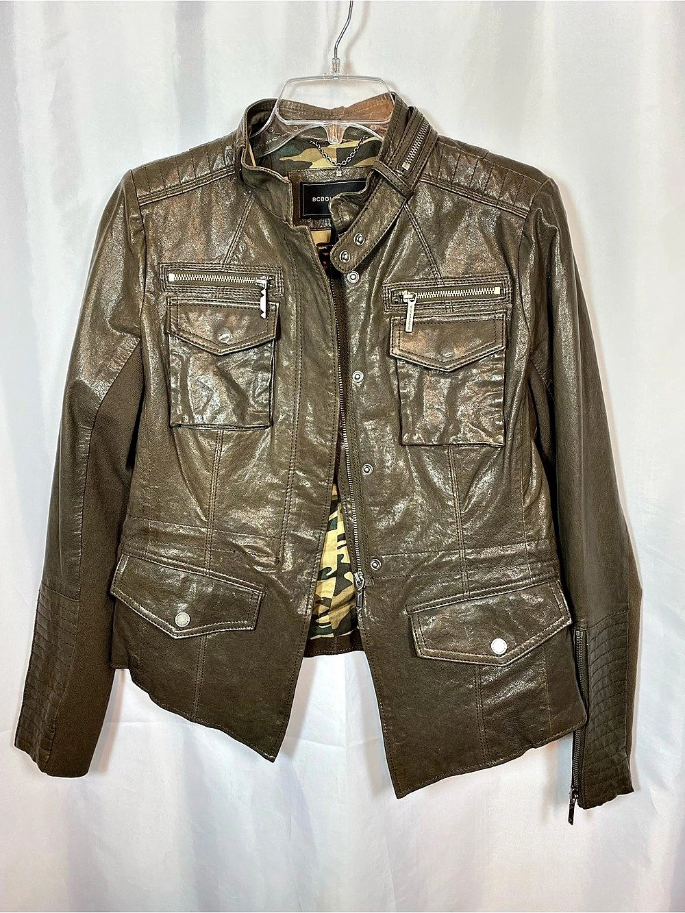 BCBG MAXAZRIA Olive Brown Leather Moto Utility Jacket